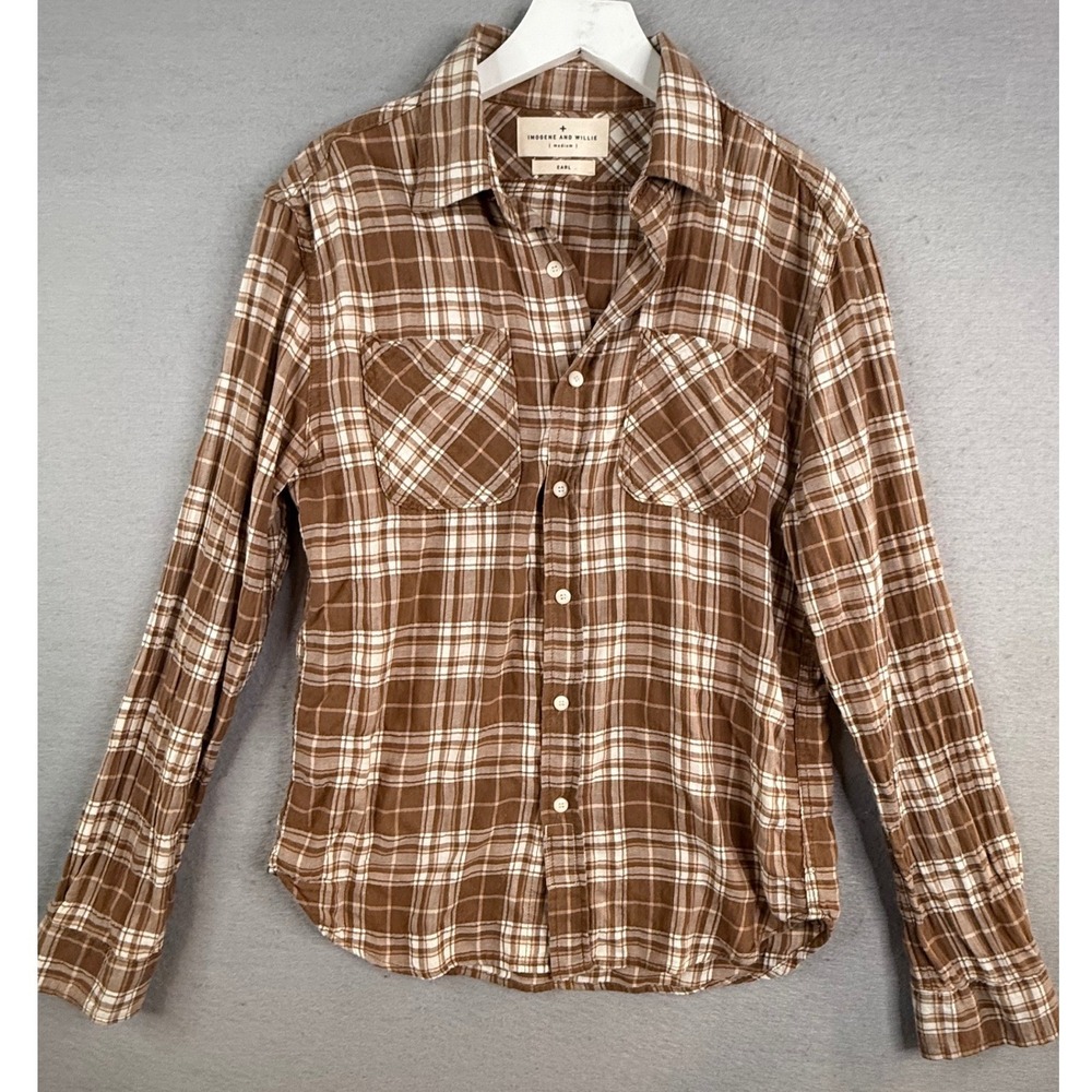 Imogene and Willie Earl Puckered Flannel Top Unisex‎ M Brown Plaid Button Down